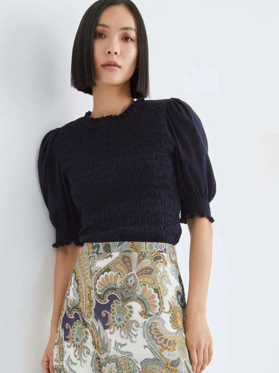 Veronica Beard Tops - Veronica Beard - Smocked Puff-Sleeve Top in Navy